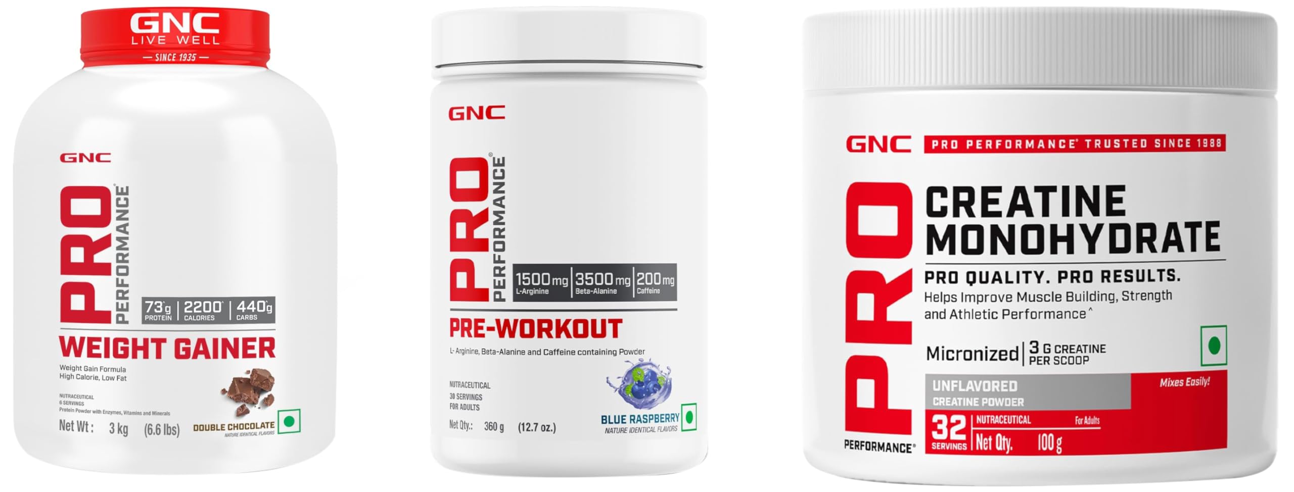 GNC Pro Performance Pre-Workout | 360 gm | Blue Raspberry + Weight Gainer|3 Kg | Double chocolate + Creatine Monohydrate | Unflavoured | 100gm (Combo Pack)-image-34