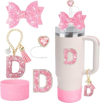 Bling Sparkly Accessories Set For Stanley 30oz 40oz Cup,Including Rhinestone Straw Cover,Rhinestone Letter Sticker,Rhinestone Letter Handle Charm,Sparkly Bow Decorations and Silicone Boot-5pcs