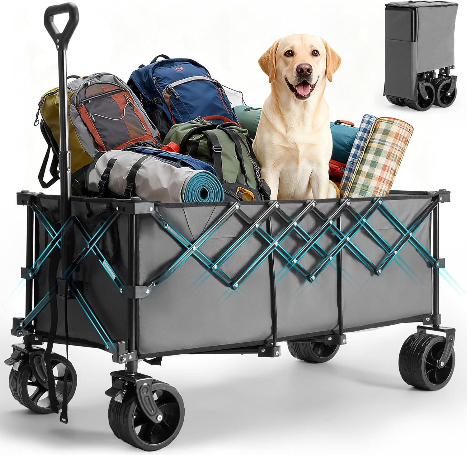 OLIXIS Collapsible Wagon Cart - 440lbs Foldable Extra Long Heavy Duty Utility Wagon with Wheels, Portable Storage Grocery Cart for Camping, Shopping, Sports, Beach, Garden (Grey, 48" L)