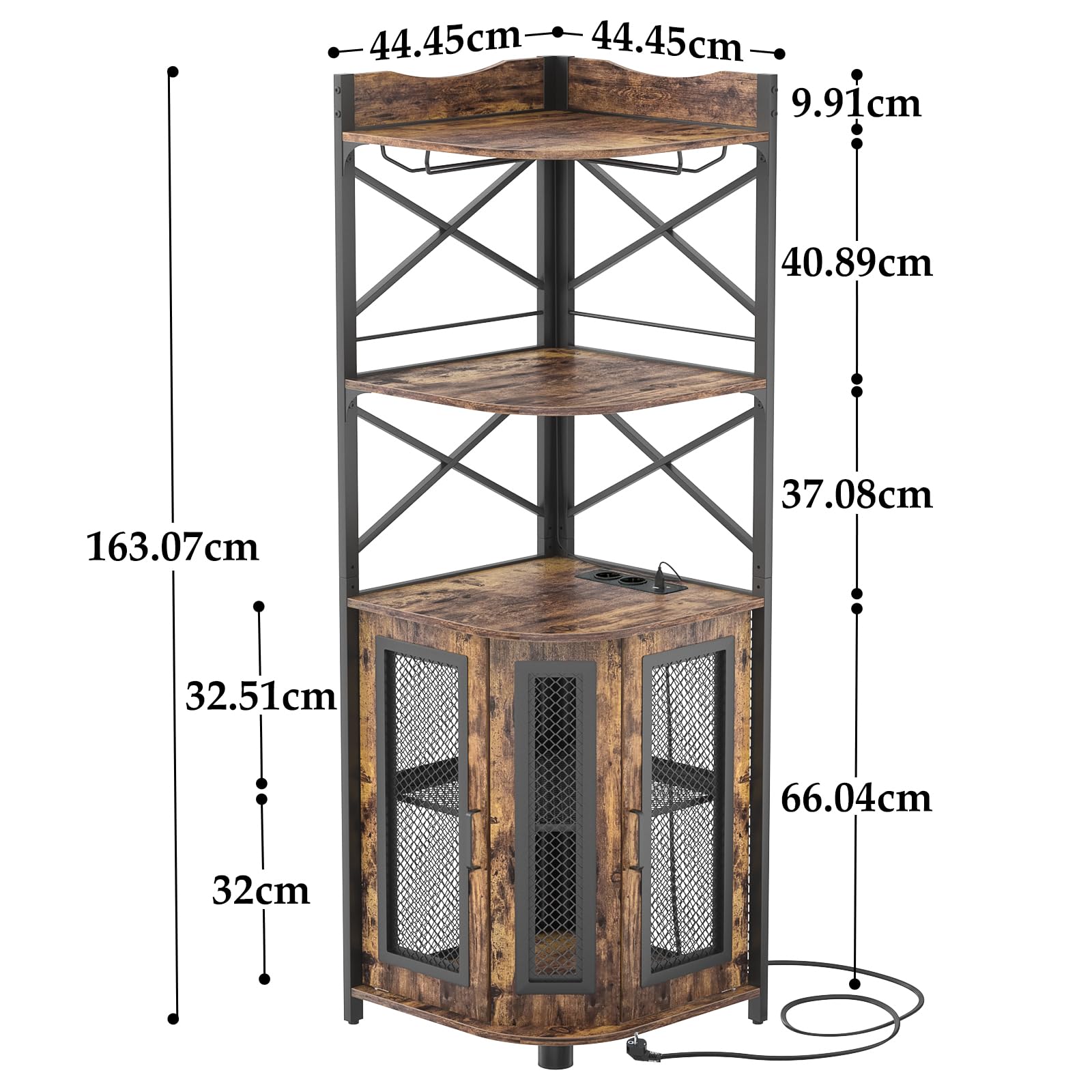 iSunirm Meuble Bar d'angle avec Prise électrique, Meuble à vin Industriel avec Bande LED et Porte-Verres, à liqueurs à 5 Niveaux pour la Maison, vitrine d'angle pour Petits espaces, Marron