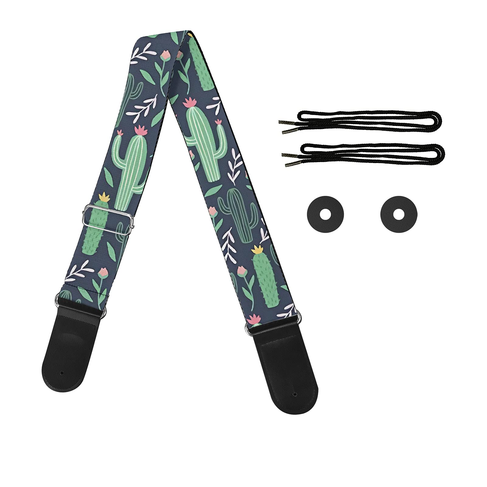 Jeiento Unisex Cactus Cute Floral Guitar Straps Pu Leather Polyester Fiber With Adjustable Shoulder Straps Universal Fit For Guitar, Bass