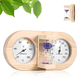 Sauna Thermometer Hygrometer mit Sanduhr für 15 Minuten, 3-in-1 An der Wand Montiertes Sauna-Thermometer-Hygrometer aus Holz, genaue Messung der Temperatur Luftfeuchtigkeit Sauna Zubehör