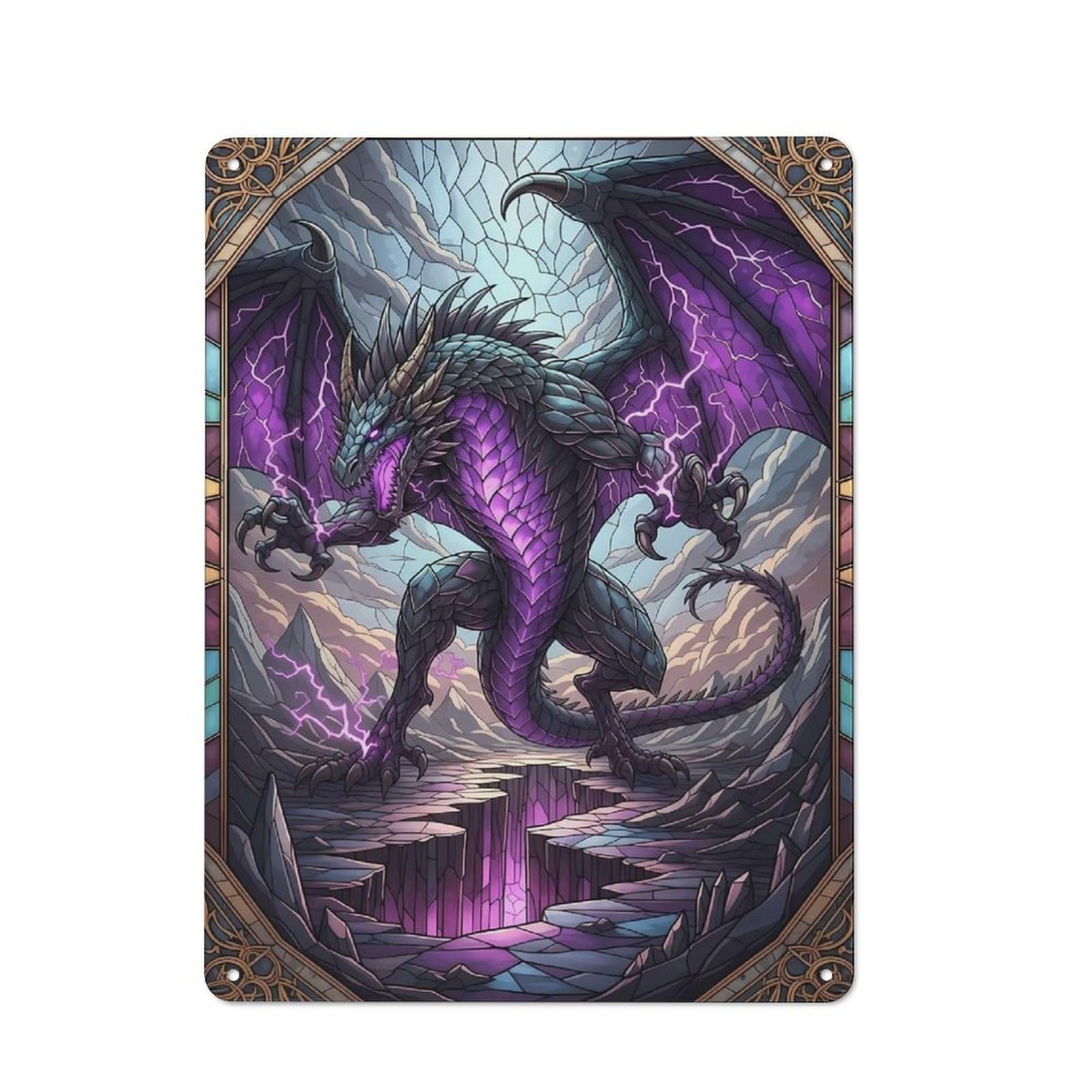 Junmoney Style-14 Retro Metal Wall Sign 40X30cm With Purple Lightning Dragon Stained Glass For Bar Or Restaurant, Autumn Wall Decor For Restaurant Interior Fans