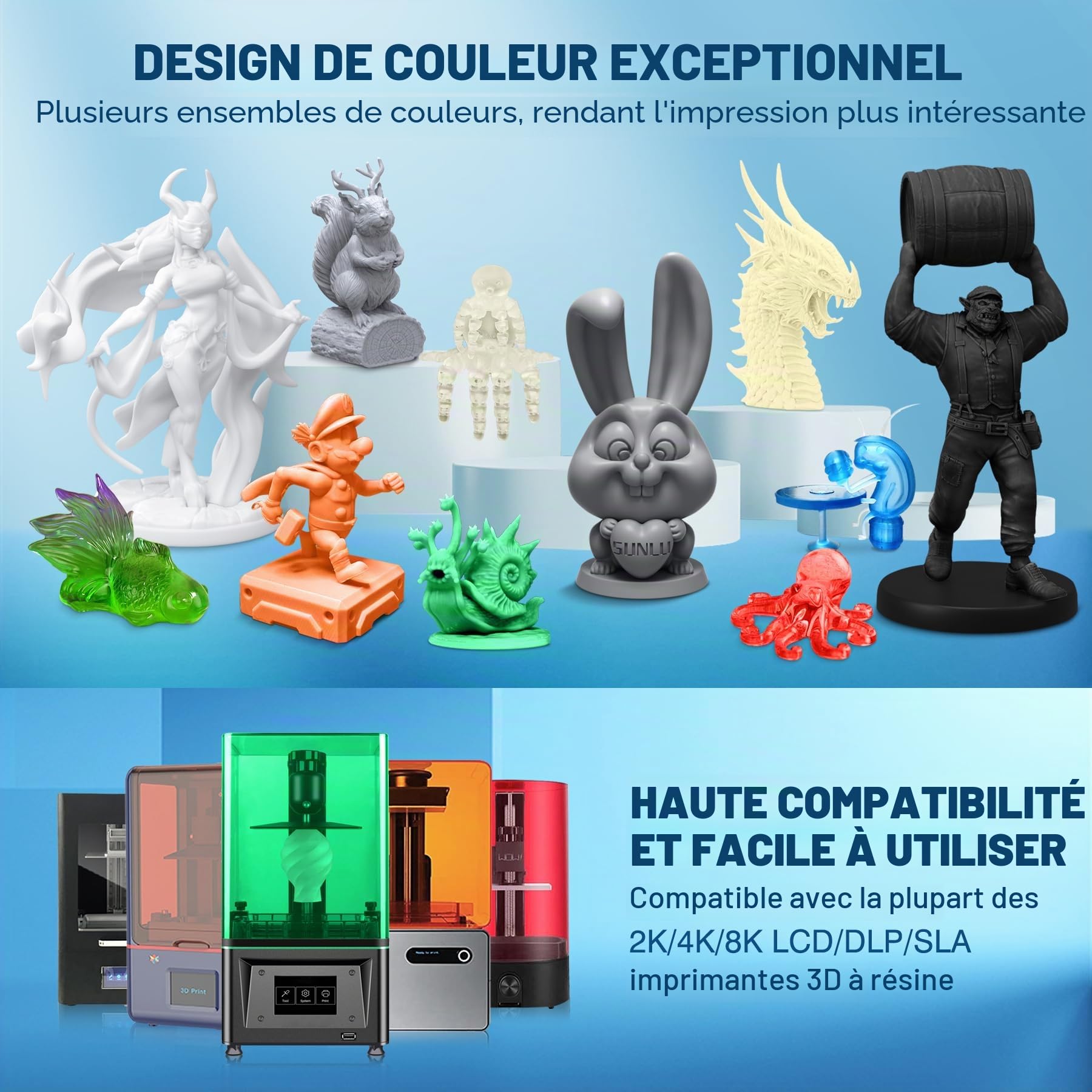 SUNLU Résine Lavable à l'Eau pour Imprimante 3D, 2kg 405nm UV Résine Photopolymère à Durcissement Rapide pour Imprimante 3D 4K 8K LCD DLP SLA, Pas d'Alcool Nécessaire, Haute Précision,2000g Gris Foncé