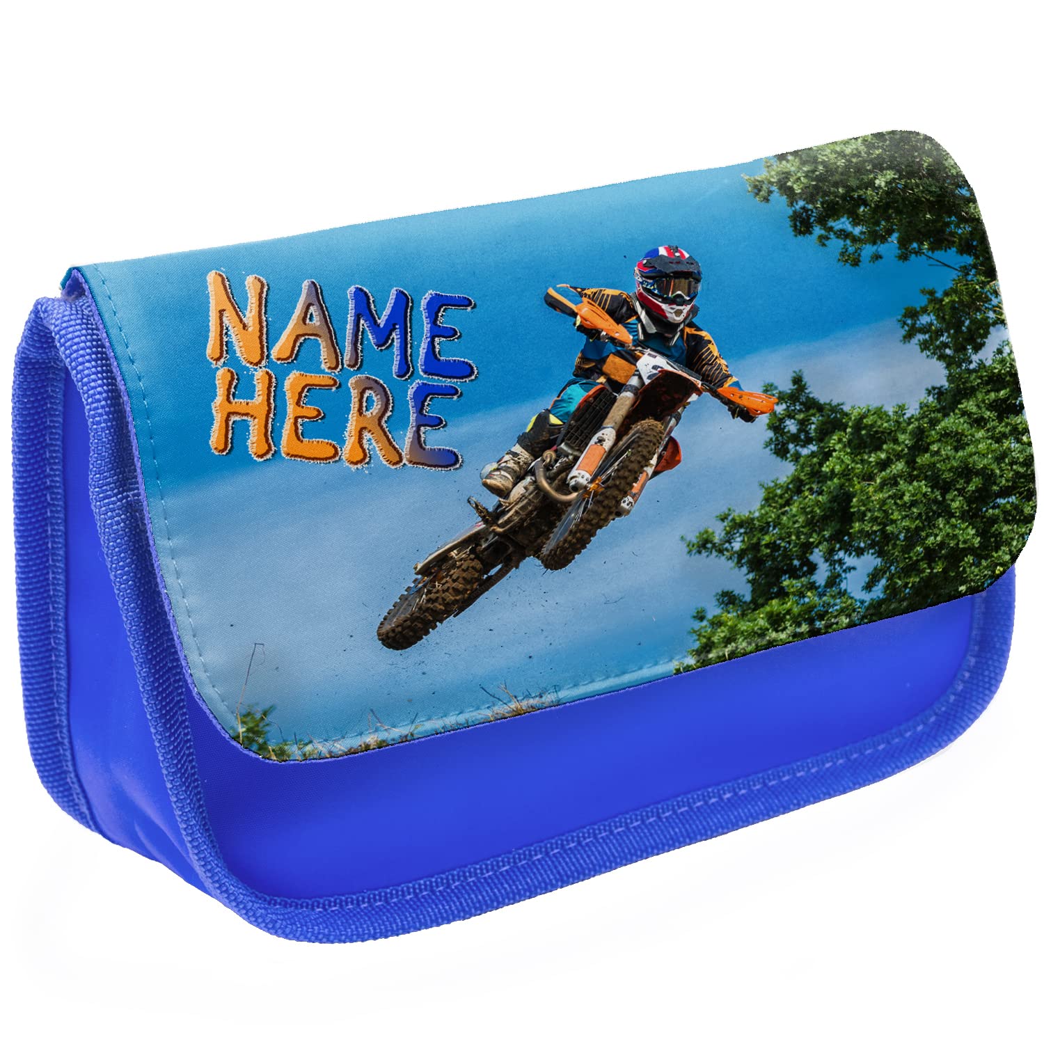 KRAFTYGIFTS Personalised School Pencil Case Boys Motocross Stationary Bag Chidrens Custom Kids Pens Organiser Dirt Bike KSU18 (Blue)