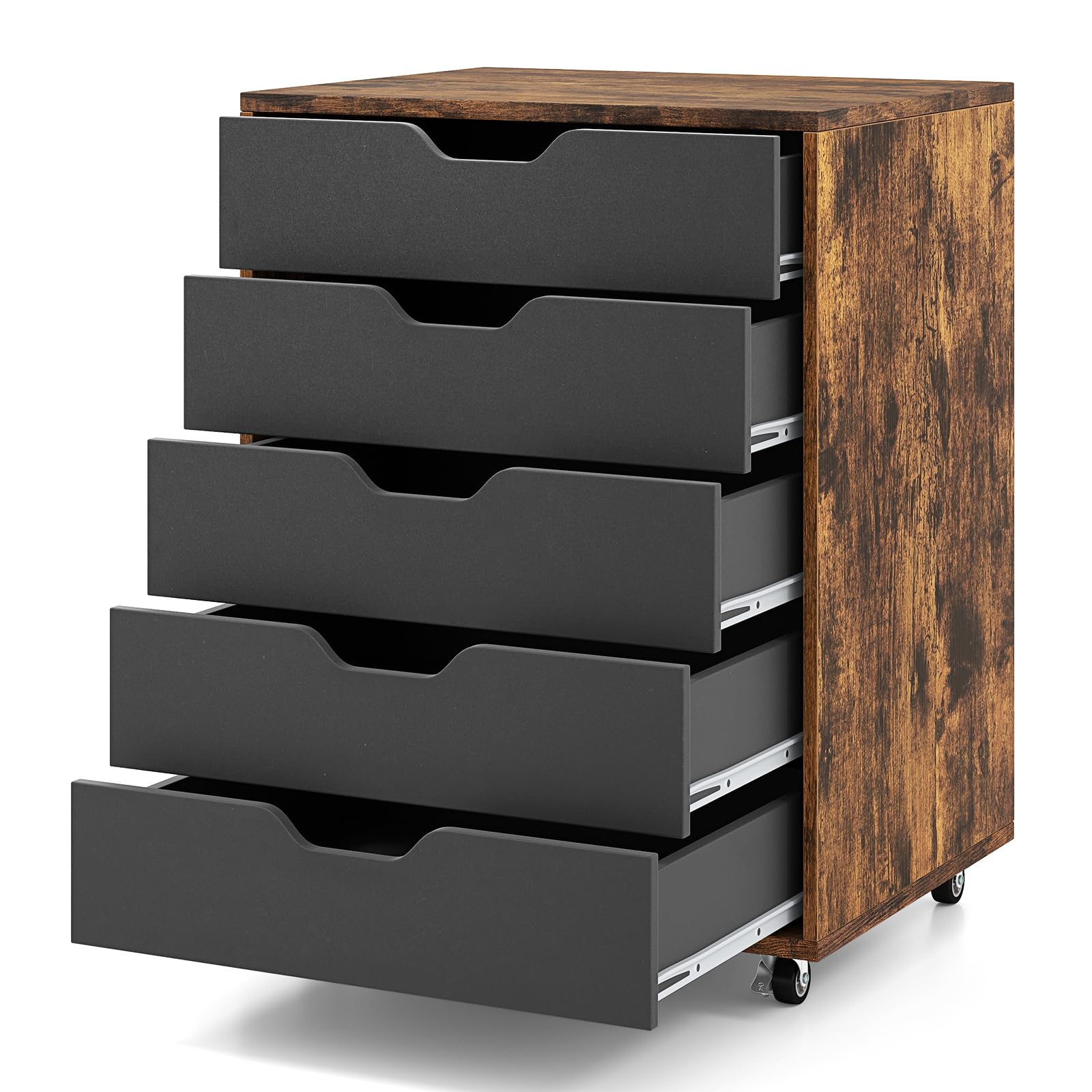 GIANTEX Aktenschrank auf Rollen, Rollcontainer mit Schubladen, mobiler Druckerständer für Home-Office & Büro, für Ordner, Dokumente, Papiere (Schwarz + Braun, 49 x 40 x 65 cm)