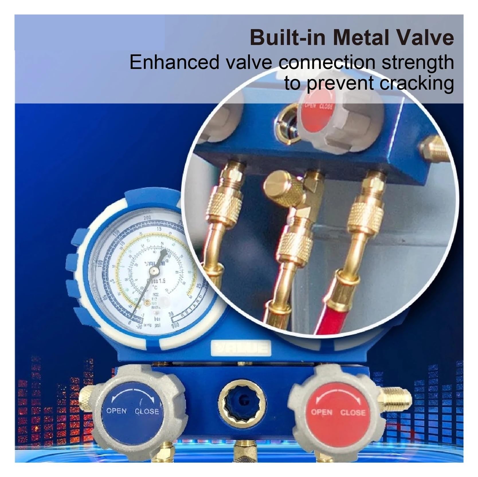 Ensemble de collecteurs à Double jauge VMG-2, Outil réfrigérant AC HVAC R410A R134A R22, Cadran de 68mm, vanne métallique Haute Basse Pression Compatible(R410A-B-Valve)