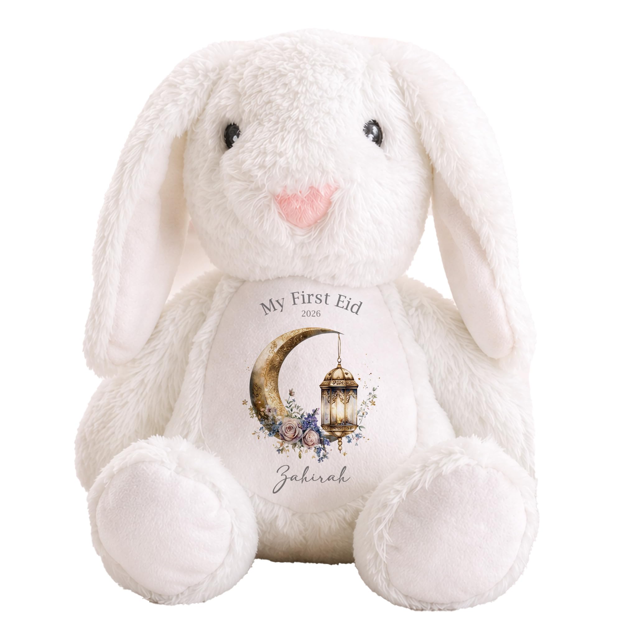 Personalised First Eid Bunny Teddy, Custom Name Rabbit Plush Toy, Crescent Lantern Baby Gift, Eid Mubarak Keepsake, Muslim Newborn Present, Soft Cuddly Toy