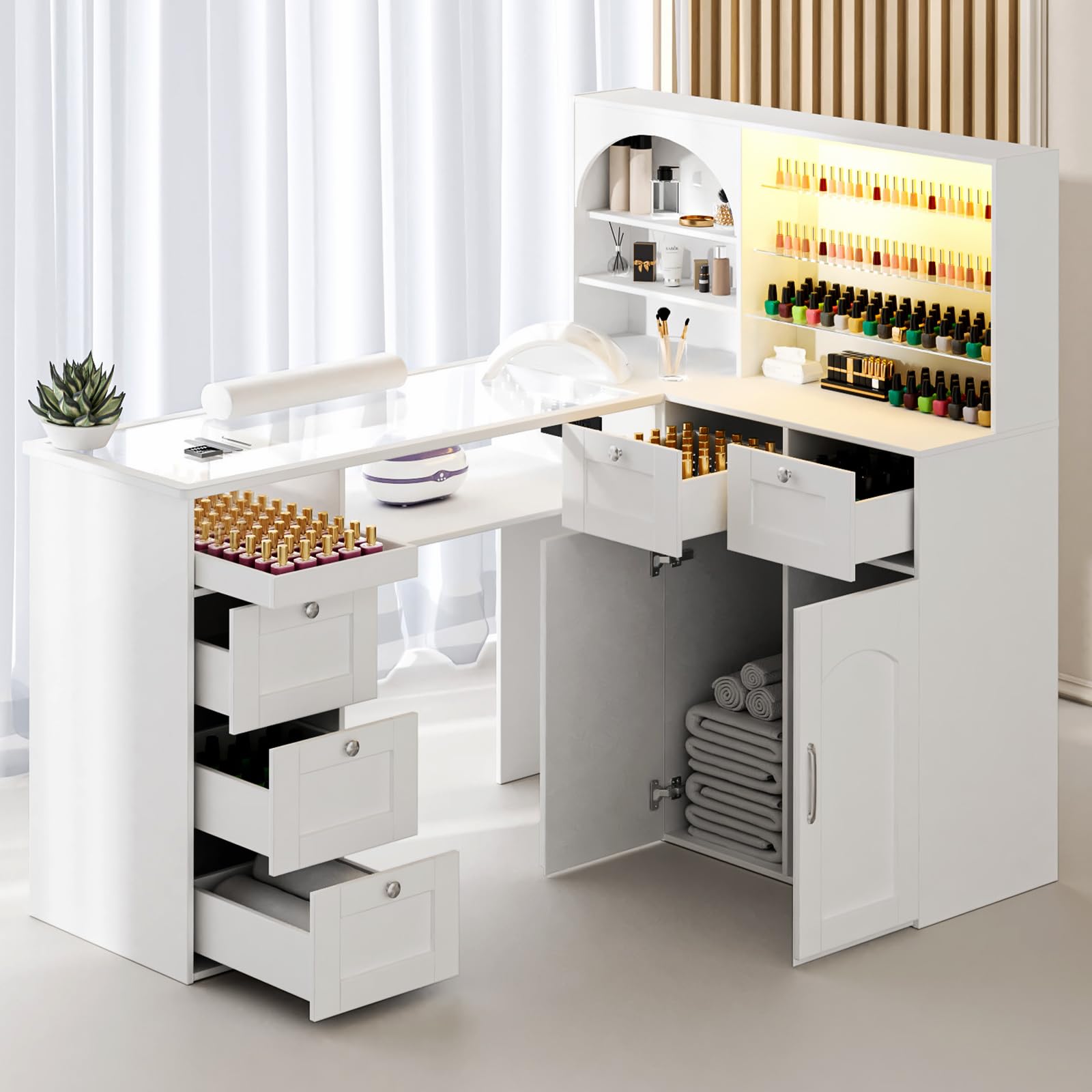 Manicure Table Nail Tech Desk w/LED Display Shelf