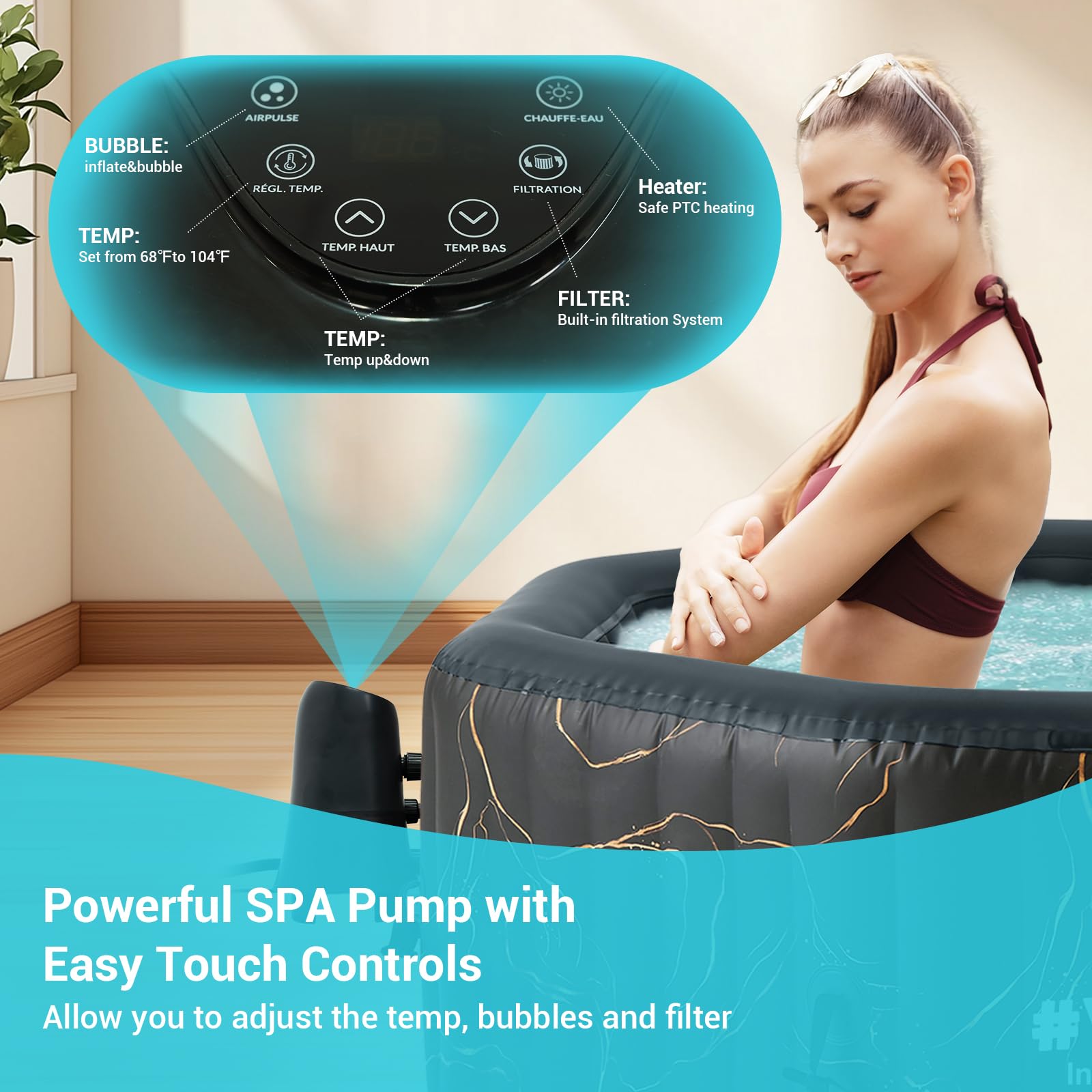 #WEJOY Jacuzzi portable 155 x 155 x 63 cm Air Jet Spa 2-3 personnes gonflable octogone extérieur chauffant spa avec 120 jets à bulles