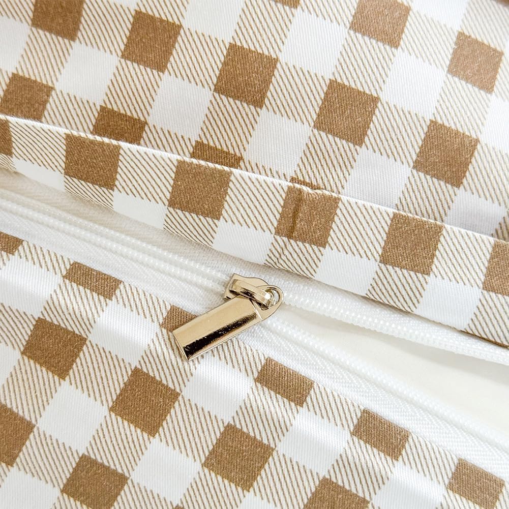 NSNLGSGC Tan Gingham Cotton Duvet Cover Set Queen, 100% Washed Cotton Plaid Comforter Cover Set,Brown Ultra-Soft & Lightweight Cottage Bedding Set(3PCS, Queen)