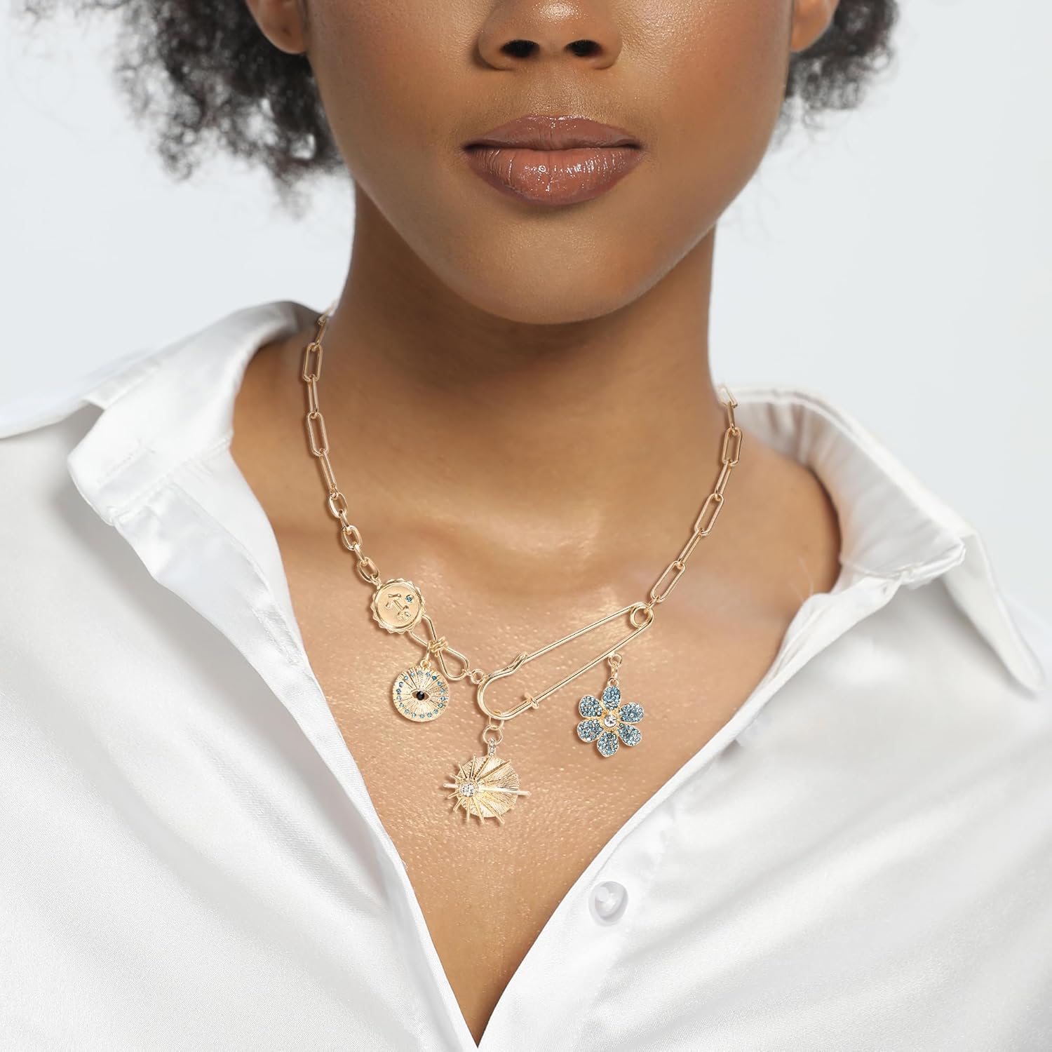 FANZE Charm Evil Eye Pendant Necklace for Women, Crystal Rhinestone Chunky Gold Paperclip Chain Adjustable, Engraved Round Coin Flower Starfish, Dainty Luck Amulet Jewelry Gift - Image 4