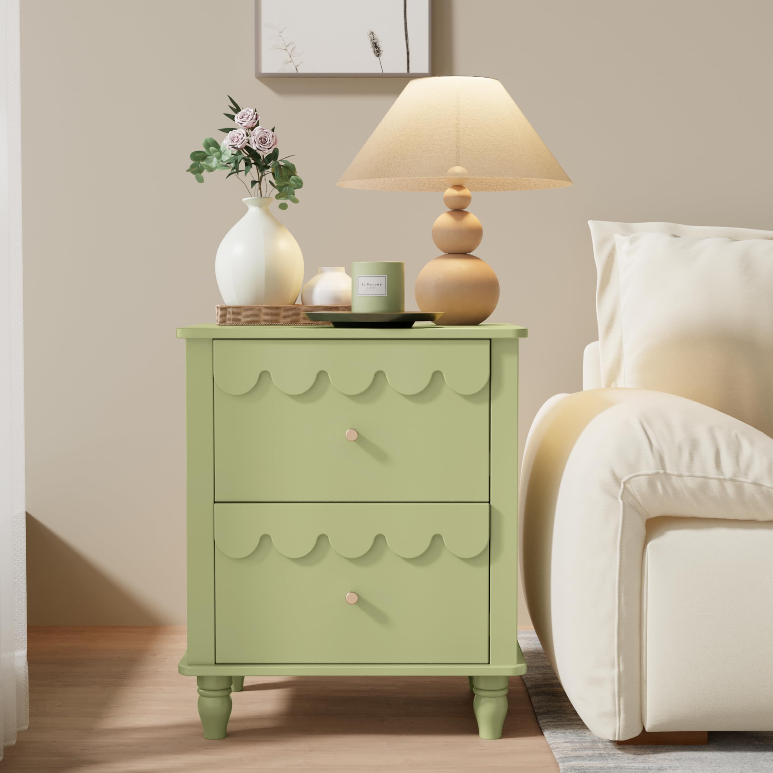 UEV Set di 2 Comodini, Tavolino Laterale con Design a Onde, Tavolino da Divano Colorato, 2 Cassetti Portaoggetti, per Soggiorno, Camera da Letto, Ufficio, 50 x 40 x 60 cm, Verde