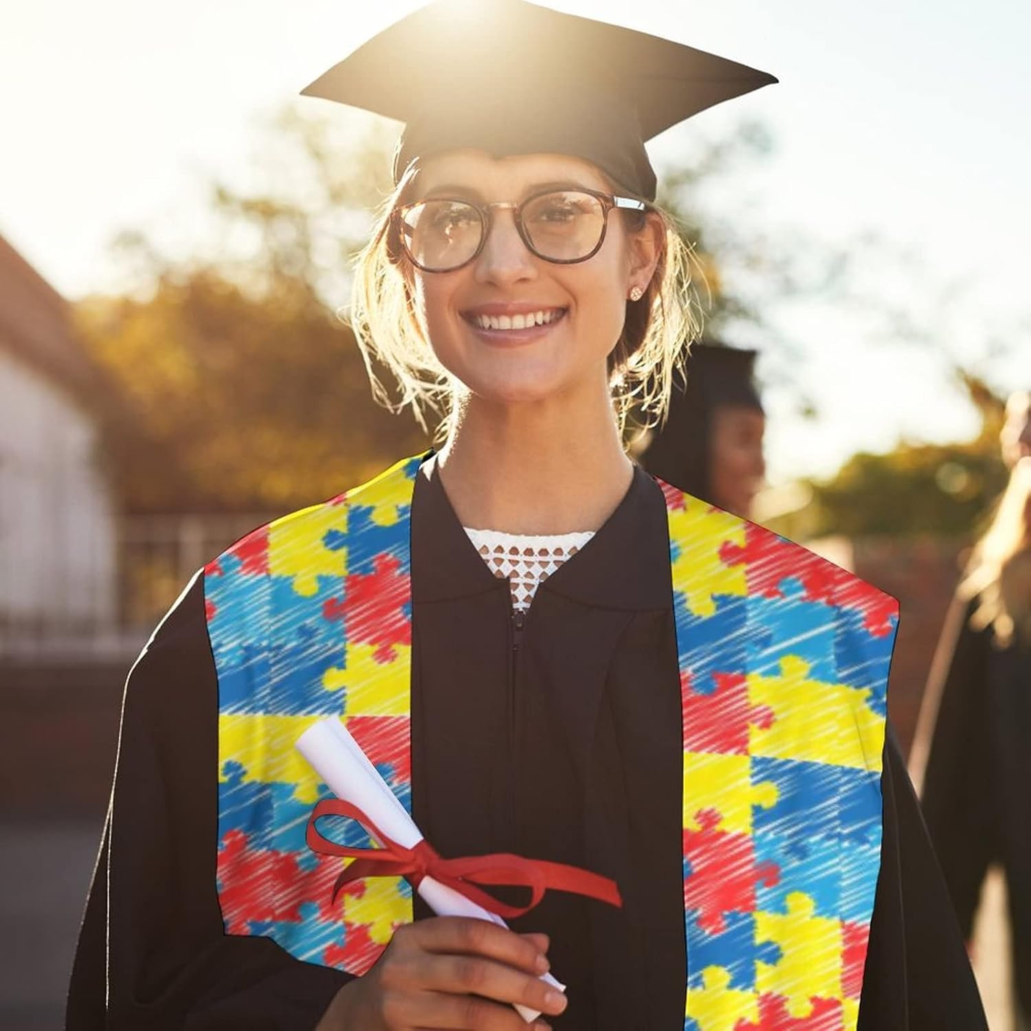 Color Autism Awareness Puzzle Graduation Stole Print Shawl Sash Honor Stole for Men Women Graduation Gifts