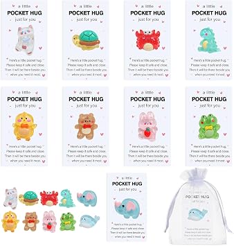 NEWEST 10 Sets Little Pocket Hug Bulk, Resin Animal Pocket Hug Token with Inspirational Card & Organza Bag Emotional Support Appreciation Cards for Teacher Coworker Employee Team Friend Family Gifts