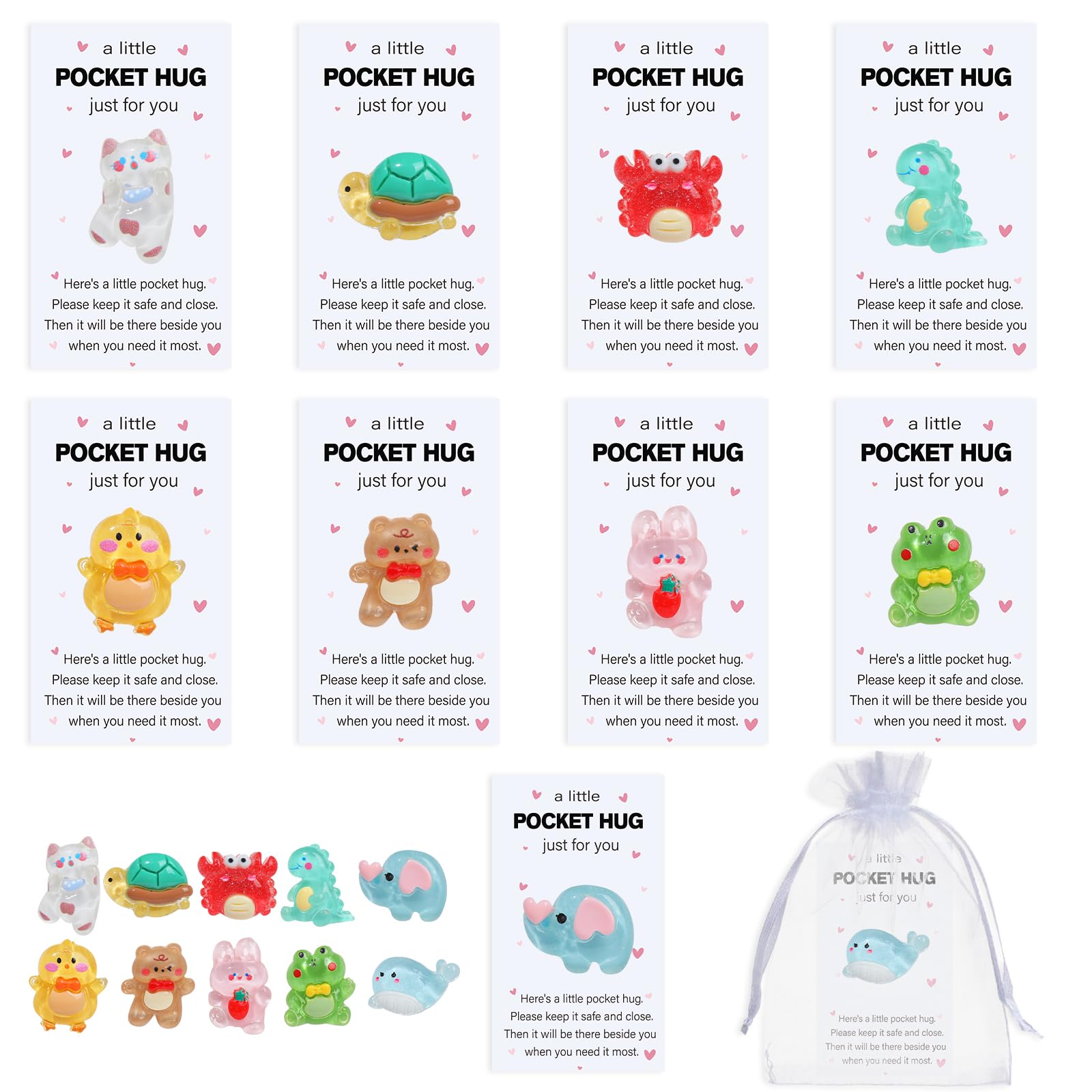 NEWEST 10 Sets Little Pocket Hug Bulk, Resin Animal Pocket Hug Token with Inspirational Card & Organza Bag Emotional Support Appreciation Cards for