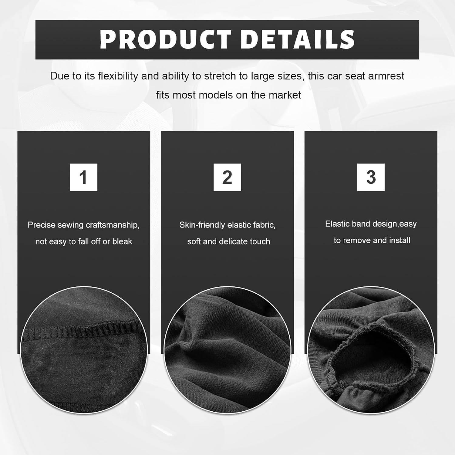 2 PCS Car Front Seat Armrest Covers, Elastic Fabric Breathable Auto Arm Rest Skin Cover Replacement, Soft Comfortable Seat Arm Protector for SUV Truck Van, Car Accessories (Black)