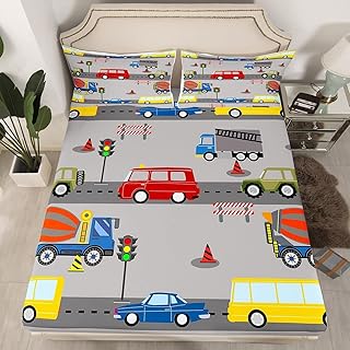 Erosebridal Construction BeddingÂ Sets Twin Cartoon Cement Mixer FittedÂ Sheet for Kids Child Girls Boys Vehicles BedÂ Sheets Automobile Bus Truck BeddingÂ DecorÂ Set Kids Car Theme Room,Yellow Red Blue