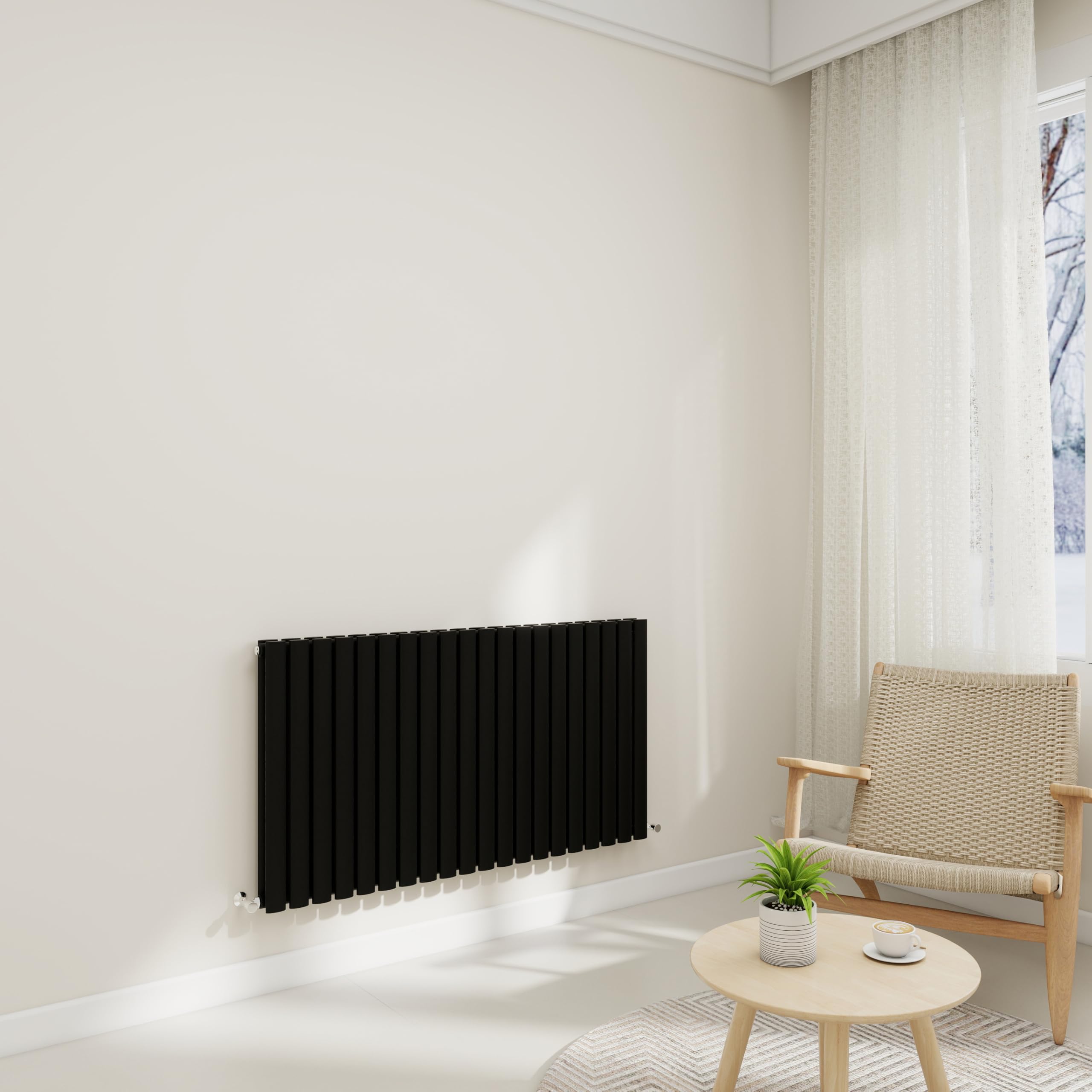 Horizontal Stylish Traditional Column Radiator, 600x1180mm Black Radiator Oval Column, Double Panel Modern Radiator for Bathroom/Living Room, Office, Central Heating Heater Rads