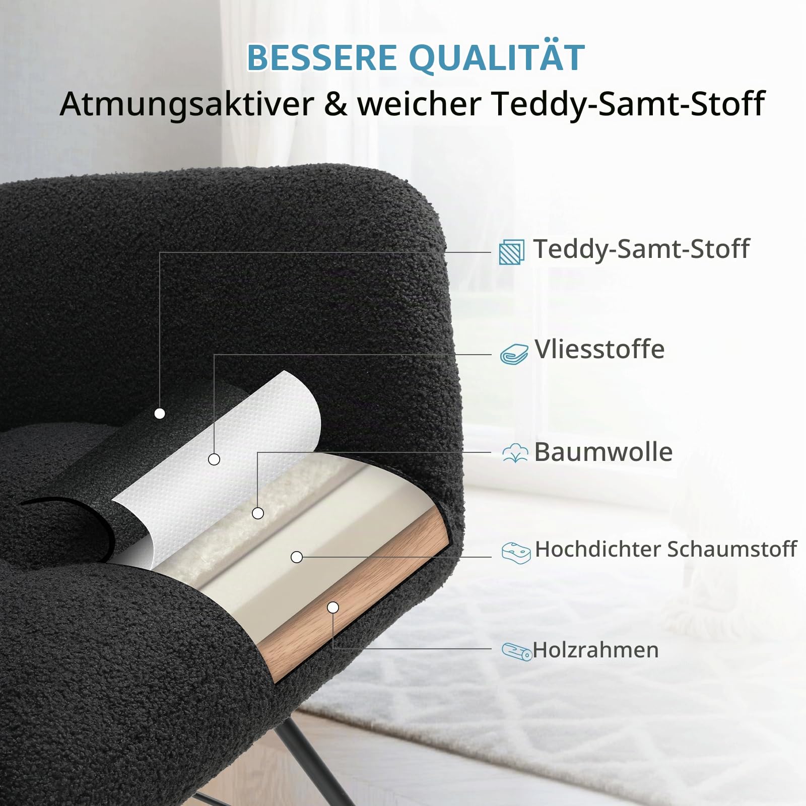 Clevich Schaukelstuhl Wohnzimmer, Schaukelsessel mit Teddystoff Gepolsterter, Holzkufen und Metallbeinen, für Wohnzimmer, Kinderzimmer, Schlafzimmer, Bis 136 kg Belastbar, Schwarz