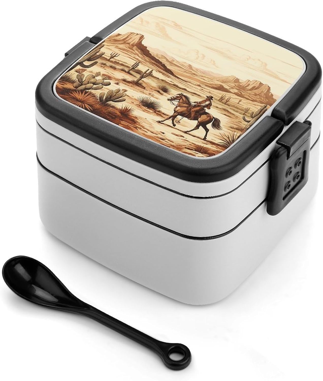 Adults Lunch Box Adult Bento Box Stackable Bento Box BPA-Free West Desert Cactus With Cowboys Riding Horses Lunch Box Food Container Ideal for Meal Prep, Work, And On The Go