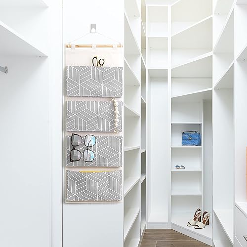 Miniatura 9 de CROWNED 2 bolsas de almacenamiento para colgar sobre la puerta, organizador de armario, 4 bolsillos grandes, tela de lino y algodón, multifuncional,