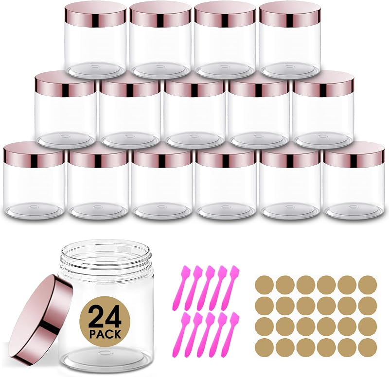24 Pcs 8 oz Plastic Jars with Rose Gold Lids Clear Jars for Body Butter