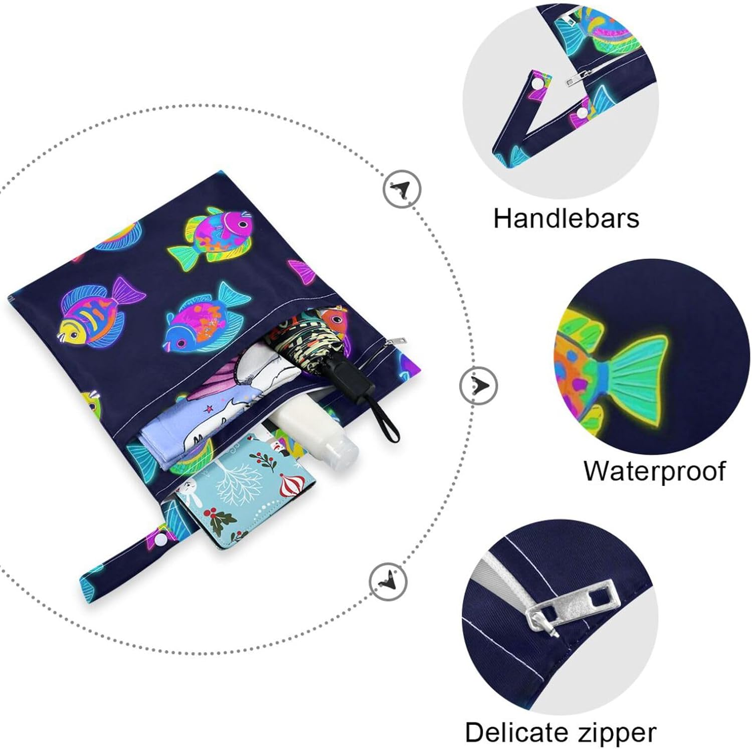 Summer Neon Tropical Fish Color reusable wet clothes bag 2 Pack travel essentials for flying with handles for beach, bathing