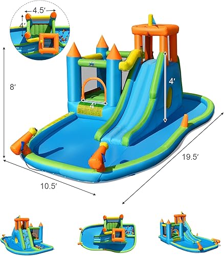 Miniatura 4 de BOUNTECH Tobogán acuático inflable, casa de rebote de agua con tobogán acuático y pozo de pelotas combo húmedo y seco para niños al aire libre con