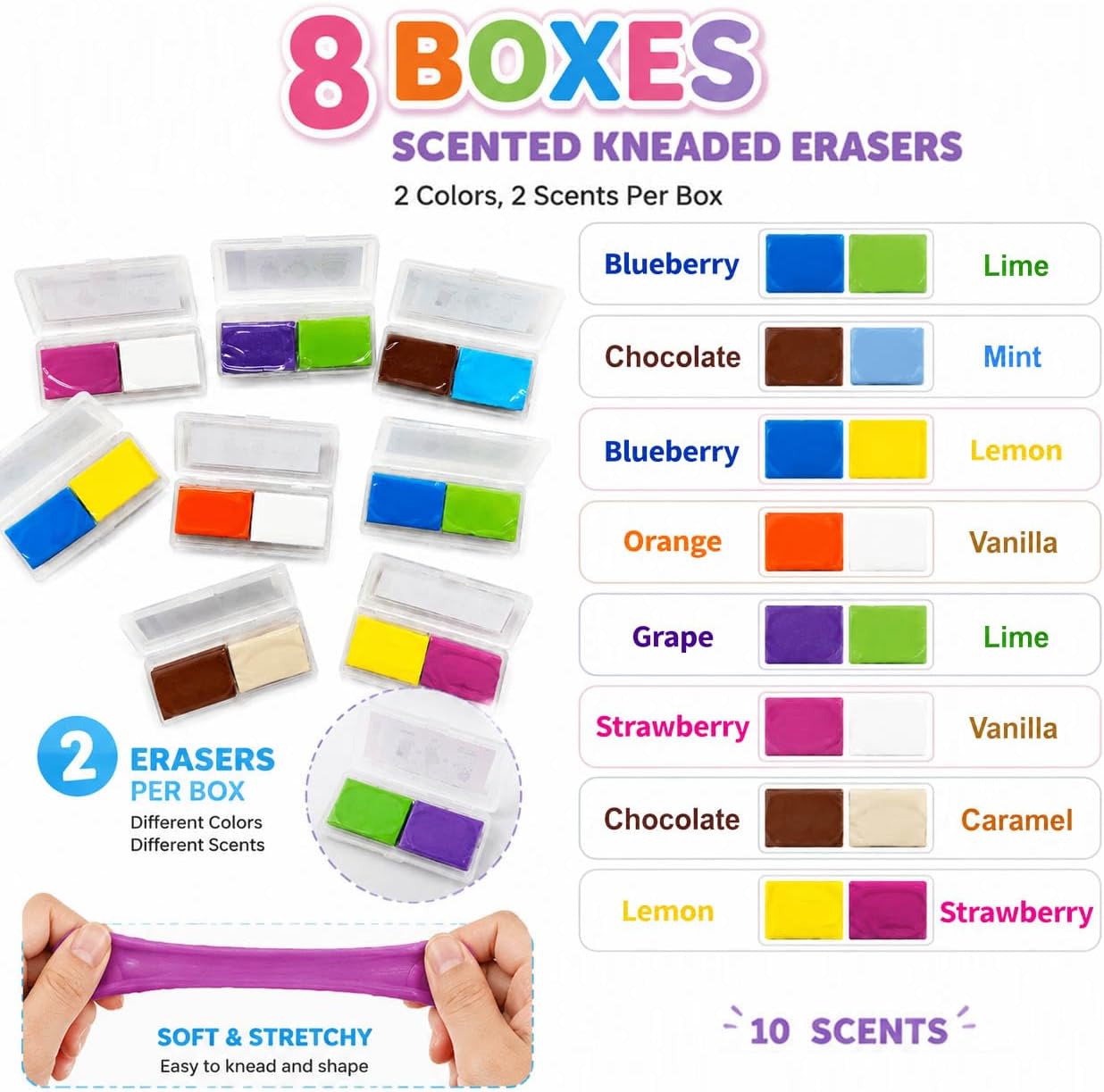 Scented Kneaded Erasers, 10 Colors & 10 Scents, Soft Kneadable Erasers for Drawing, Sketching, Graphite & Charcoal, Putty Eraser with Individual Storage Cases (8, 10 Colors)