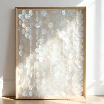 Bergamot Large Handmade 24"x32" Capiz Shell Wooden Framed Wall Art, Coastal Wall Art Decor, Minimalist White Sea Shell Wall Decor for Living Room, Bedroom, Office