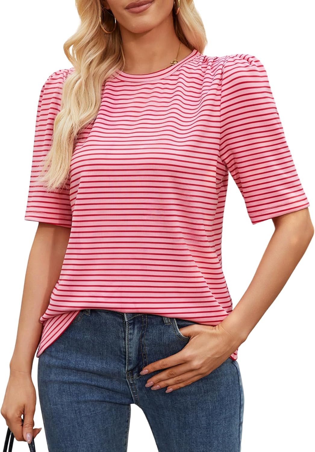 Women Puff Short Sleeve Striped T-Shirt Summer Casual Crewneck Pleated Sleeve Tops