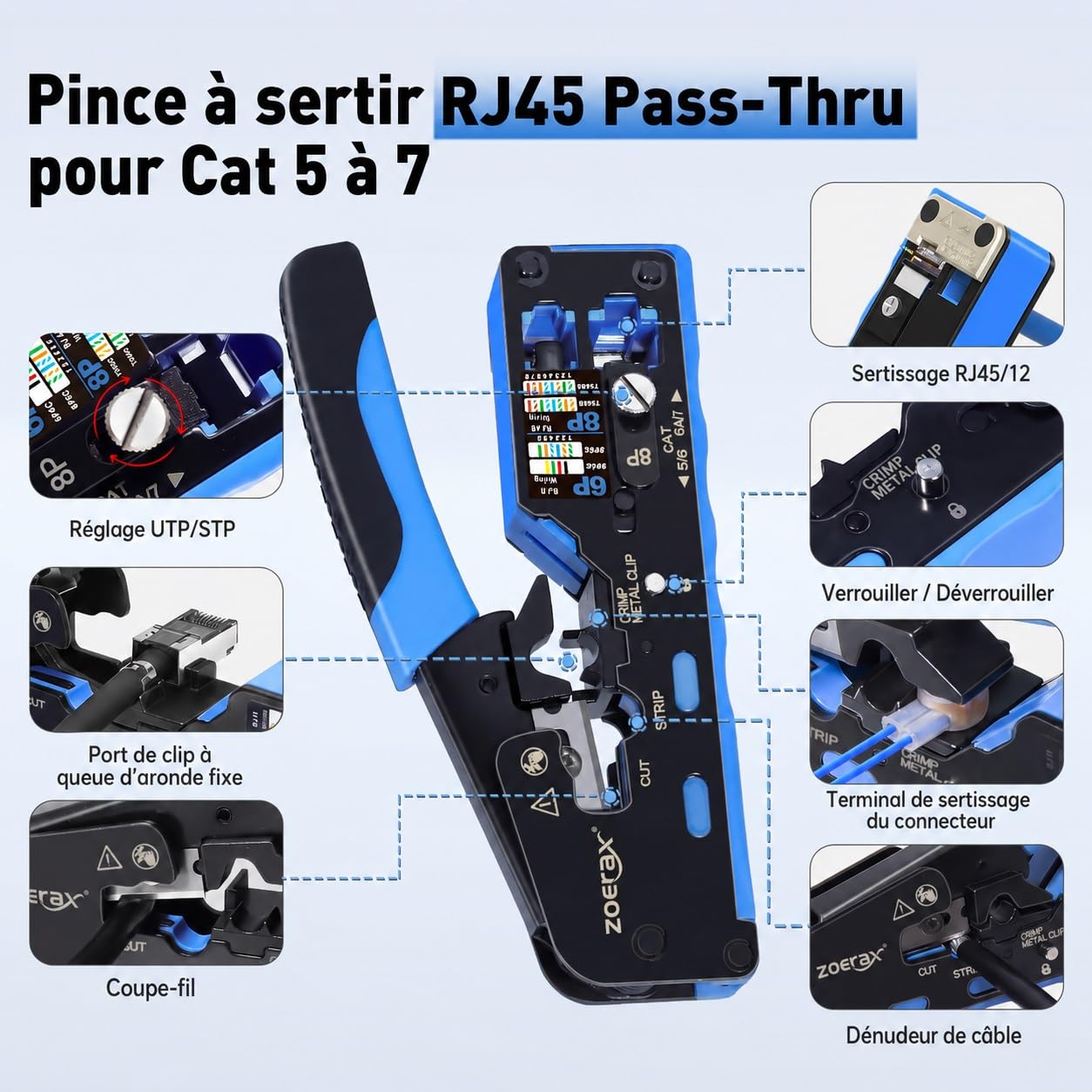 Kit d'outils réseau professionnel 14 en 1 - Pince à sertir RJ45, Cat6-Passthrough mâle et bateaux de protection, testeur de câble, dénudeur de câble, outil de ponch-down Ethernet