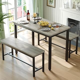 Tatub 3-Piece Dining Table Set for 4 with 2 Benches - Space-Saving Kitchen Table for Small Spaces, Grey