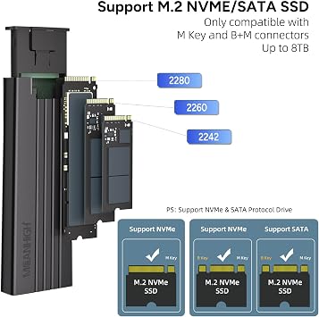 M.2 NVME SATA SSD Enclosure, Tool Free USB 3.2 Gen 2 10Gbps NVME to USB Adapter, Support M and B & M Key External Solid State Drive Case Size 2242/2260/2280 up to 8TB