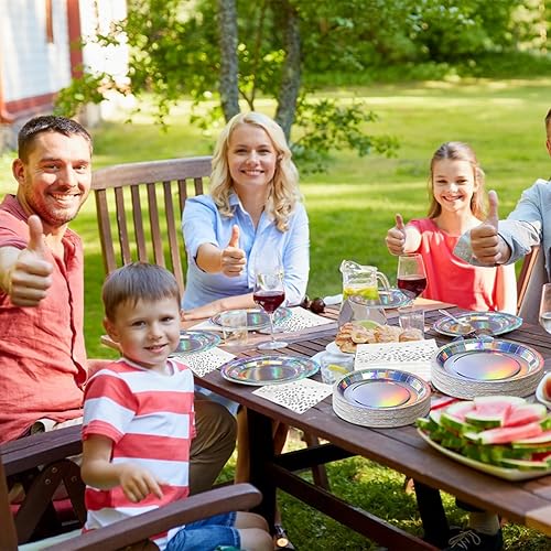 Miniatura 7 de Suministros de fiesta iridiscentes para decoración de 50 unidades, juego de platos y servilletas de papel holográfico, platos desechables de papel