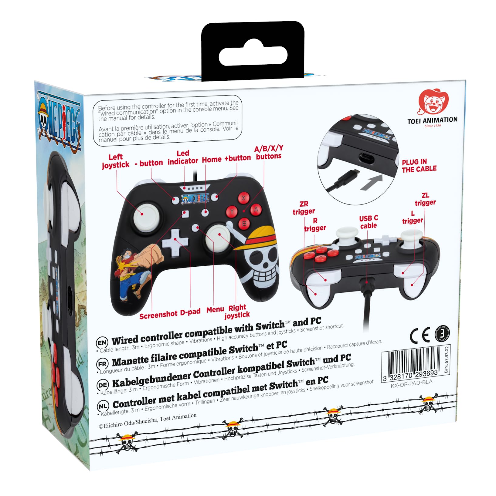 Konix Controller cablato One Piece per Nintendo Switch, Switch OLED e PC - Funzione vibrazione - Cavo da 3 m - Motivo Luffy - Nero