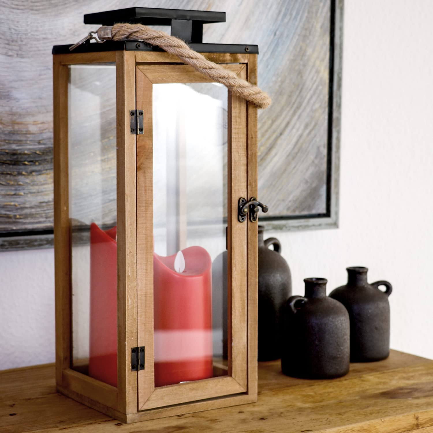 Dekovita 42cm Lanterna di Legno - Fanale da giardino con pannelli di vetro e manico in corda - Lampada Deco