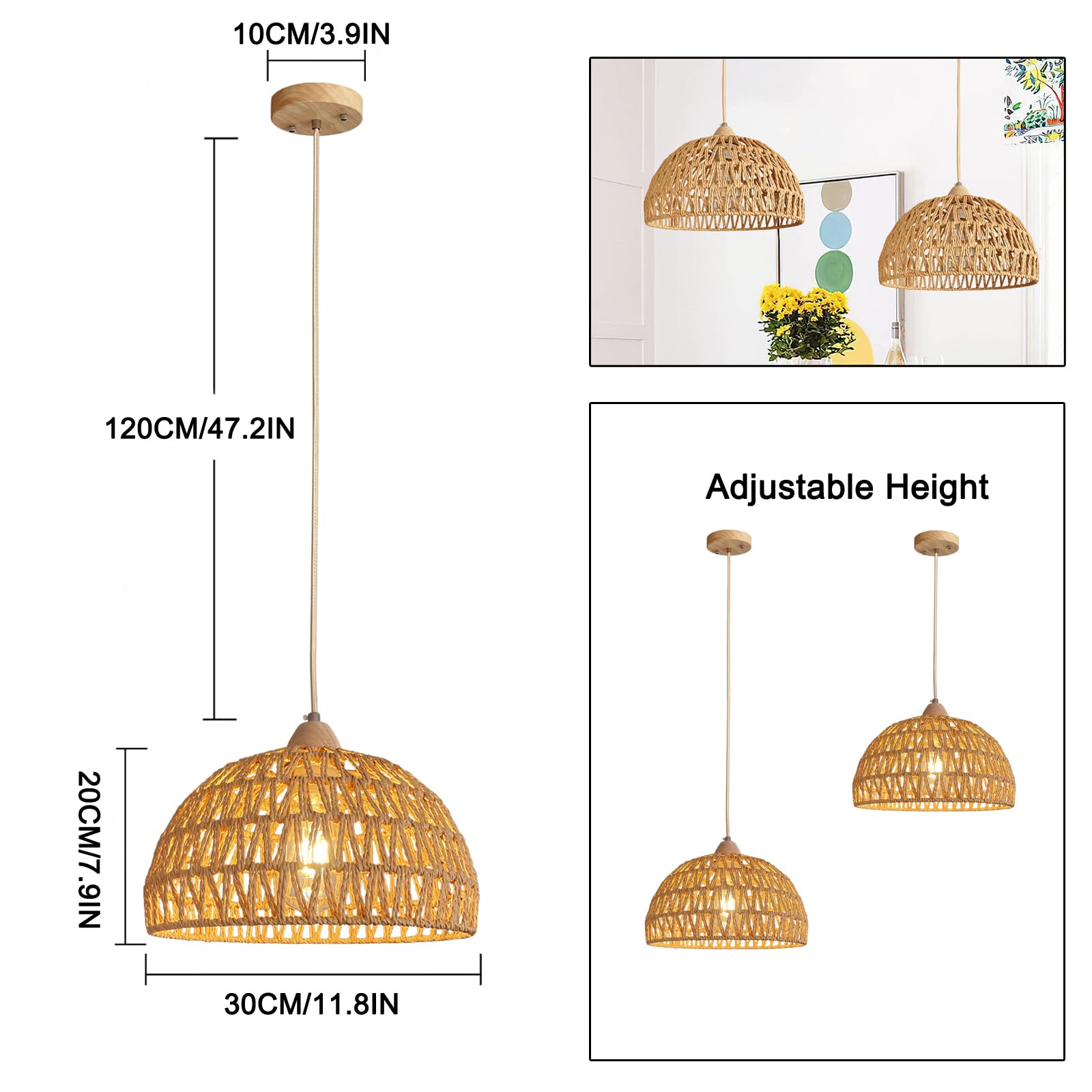 2 Stücke Pendelleuchte Rattan, Boho Vintage Hängelampe, Rustikal Retro Hängeleuchte Geflochten Esstisch Pendellampe E27 Esszimmerlampe Hängend für Esszimmer Wohnzimmer Esszimmer Flur Küche Ø 30cm