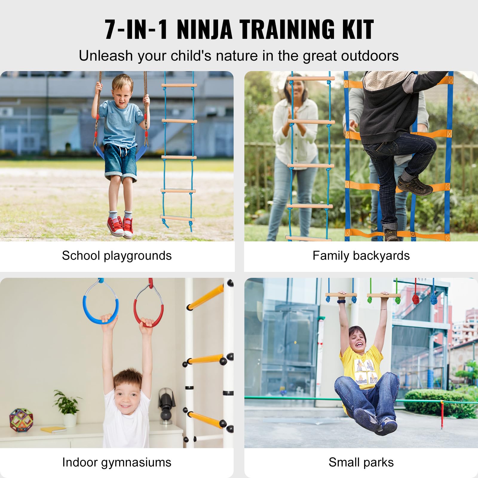 VEVOR Ninja Slackline Hindernisse Set 2 x 17 m Slacklines, 226,8 kg Tragkraft Ninja Hinderniskurs, Outdoor-Spielset-Ausrüstung, Hinterhofspielzeug-Trainingsausrüstungsset mit 12 Hindernissen