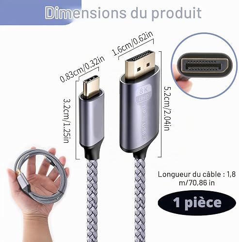 USB-C to DisplayPort Adapter 8K 60Hz Bidirectional 6ft High Definition Video Transmission Cable Compatible with iPad iPhone 15/16/17 Pro Max Galaxy S24 S25 Tab S9 PC Laptop Monitor DP - 2