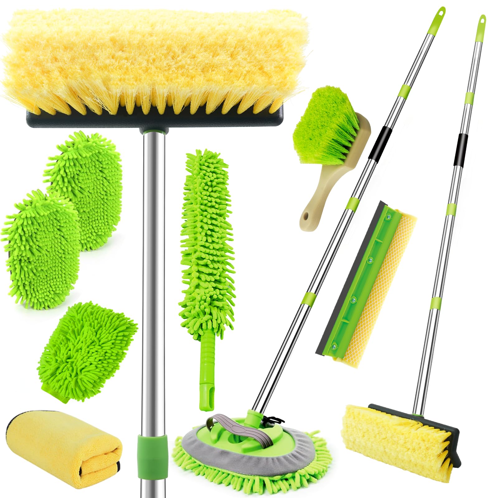 62" Car Wash Brush with Long Handle, Chenille Microfiber Car Wash Mop Mitt, Wheel Brush, Windshield Window Squeegee, Microfiber Towel, Gloves, Car Cleaning Brush Kit Supplies for Car,Truck,SUV,RV,Boat