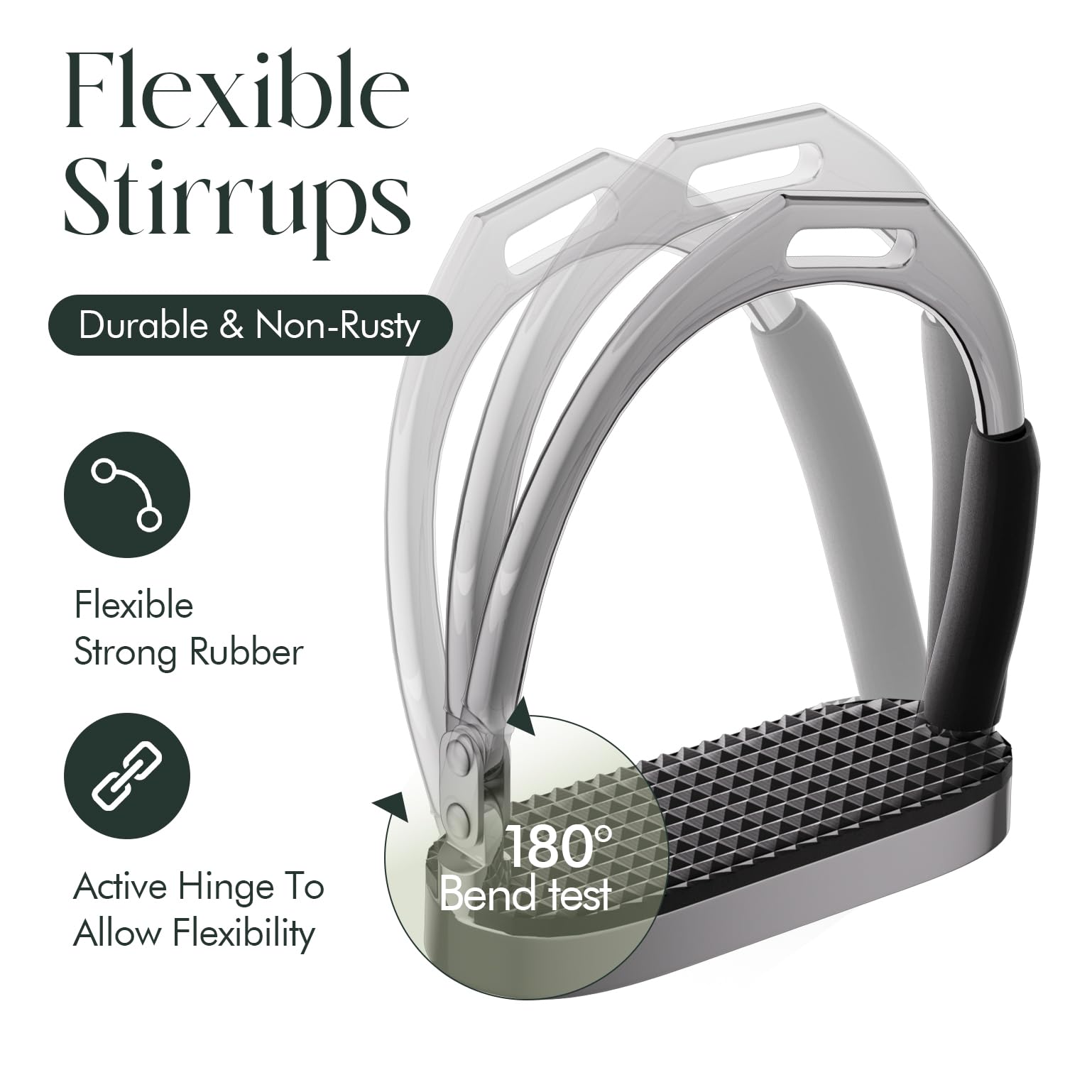 Flex - 1 par de estribos de acero inoxidable, estribos de seguridad ecuestre para adultos, estribos flexibles para montar a caballo con bisagras activas, alivio del dolor de rodilla y tobillo