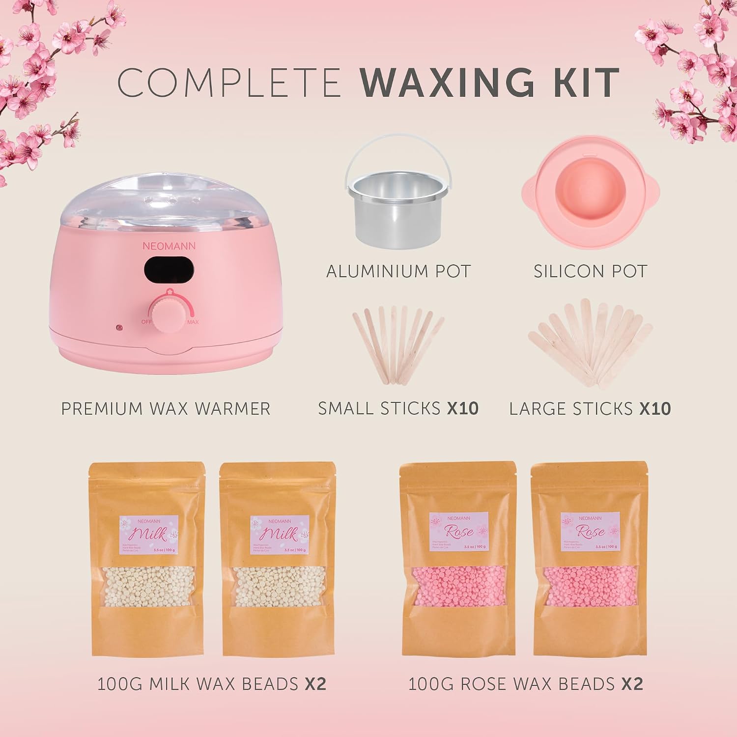 Waxer I Sakura Premium Waxing Kit for Women Pink Hair Removal Wax kit with LCD Display&25 Accessories Home Salon Waxing Machine for Face, Eyebrow, Body, Brazilian, Bikini, Sensitive Skin