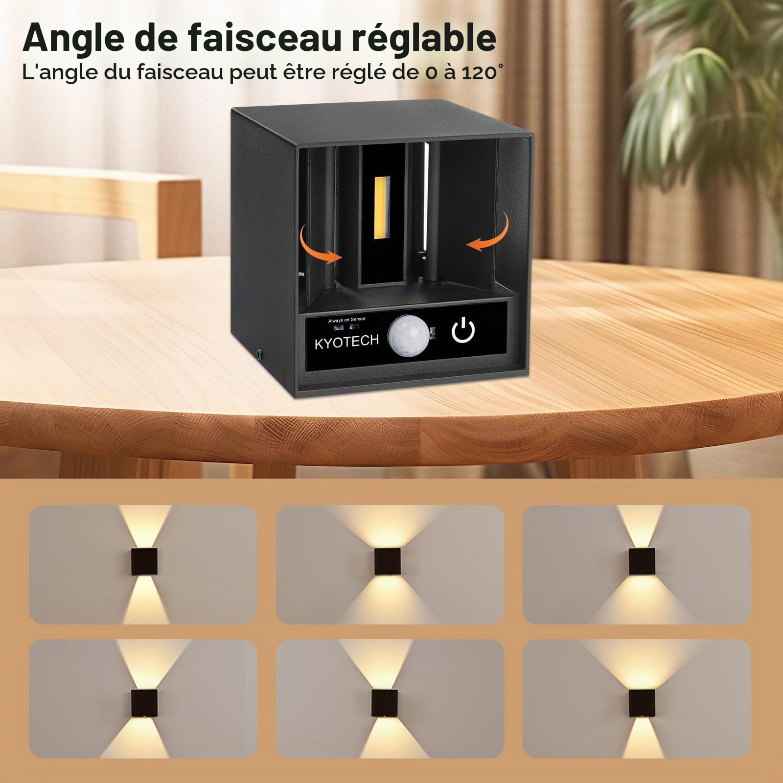 KYOTECH 2 Pièce Applique Murale avec Détecteur de Mouvement 12W Éclairage Mural Etanche IP65 1320LM Noir Angle de Faisceau Réglable Wandlampe Interieur/Exterieur,Murale avec Contrôle Tactile