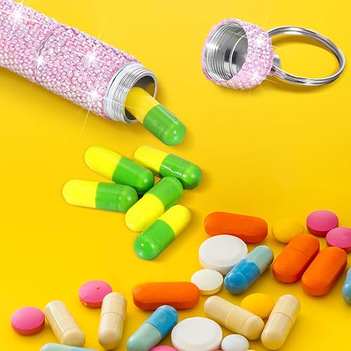 Miniatura 5 de Tioncy Pastillero portátil para llavero con diamantes de imitación, pequeño con purpurina, impermeable, con brillantina, de aluminio, reutilizable,