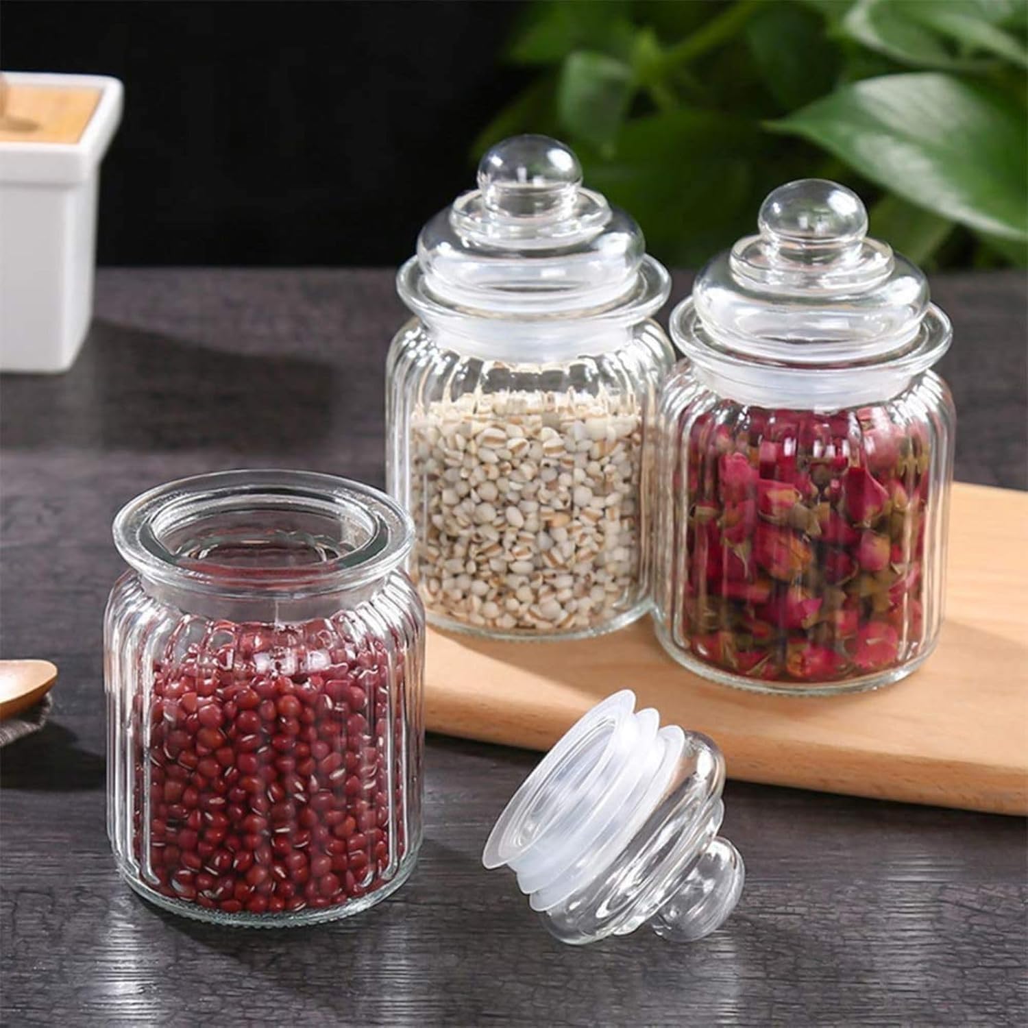 Glass Container Jar With Lid For Kitchen Small Jars For Kitchen Storage Pop Jar Glass Jar Food Storage Containers For Storing Spices|Jam|Honey|Aachar|Sugar|Coffee Beans (350ML, 3Pc)