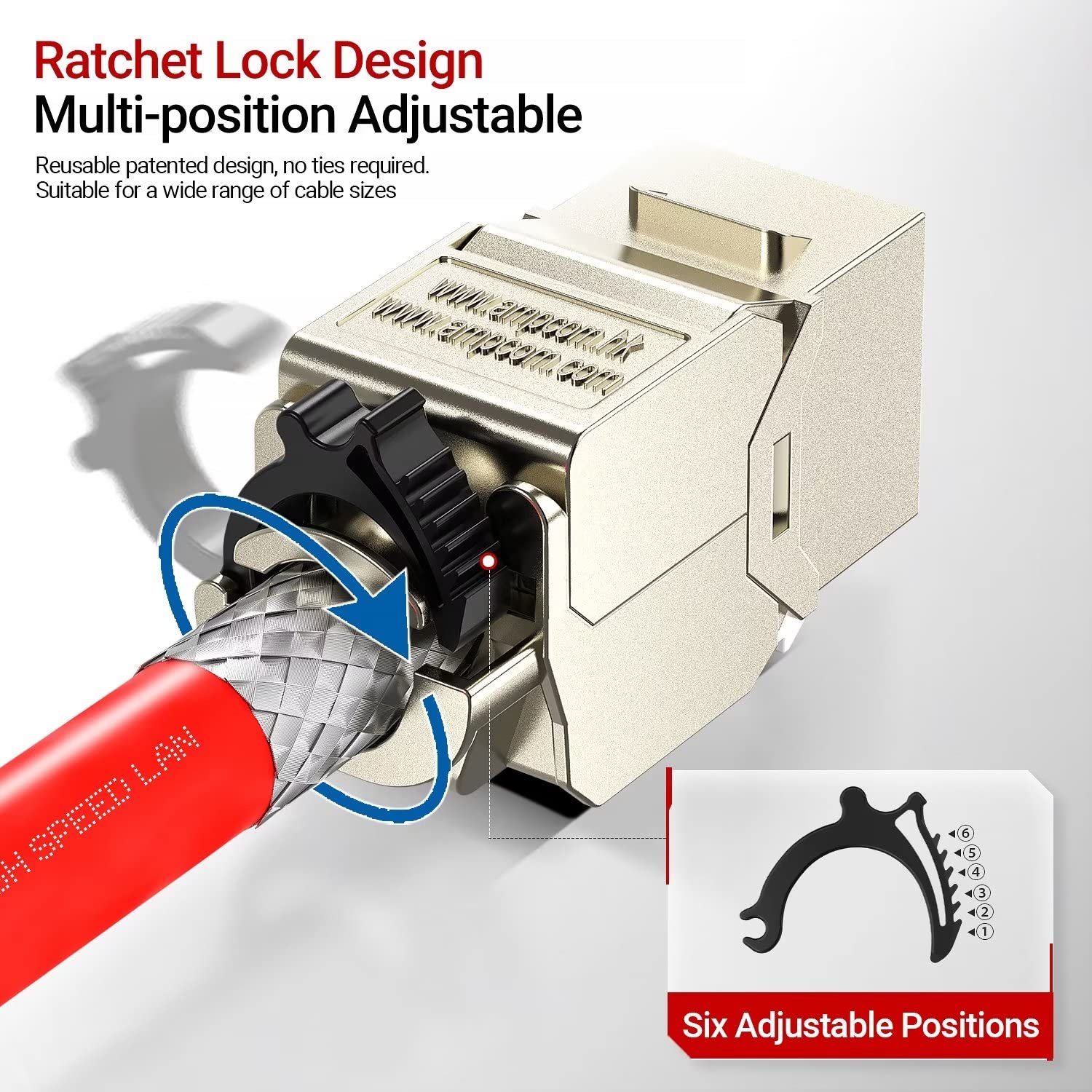 AMPCOM CAT6 Keystone Jack Ratchet Zip-tie Design, 1Gbps 250Mhz Shielded Zinc-Alloy RJ45 Tool-Free Keystone Connector 12-Pack