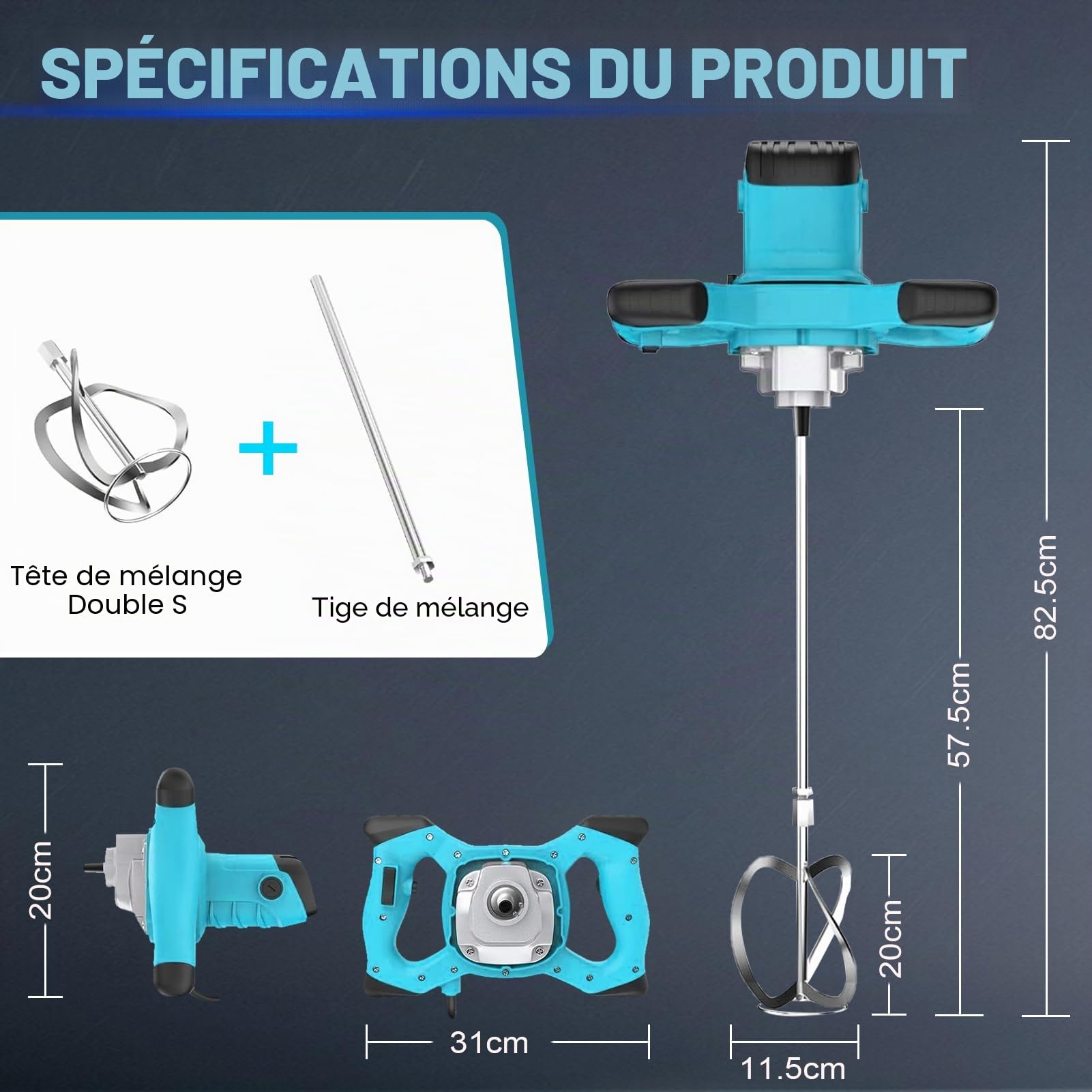Malaxeur 3500W–6 vitesses,0-1500 tr/min,prise M14,avec spirale Ø120mm–mélangeur électrique pour béton,mortier & colle–démarrage progressif,protection thermique & double poignée ergonomique.