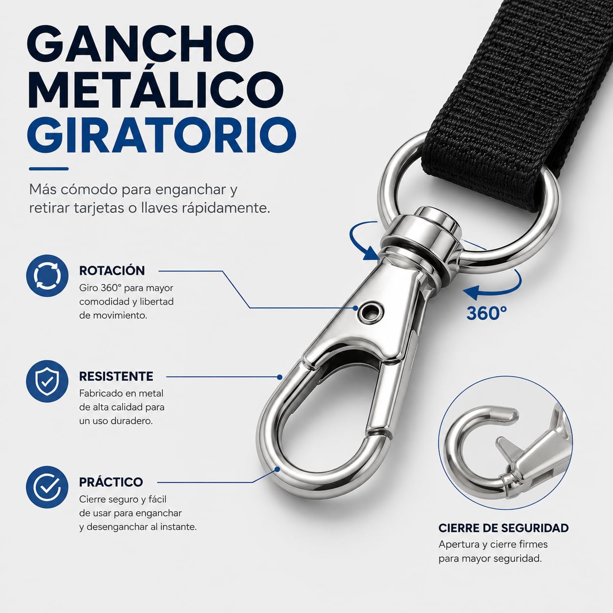 Pack 50 Lanyard Negro con Gancho Metálico Giratorio de 50cm para Porta Tarjetas Identificativas | Landyard colgante ideal para Llaves, Credenciales, portatarjetas en Eventos o en la Oficina (Pack 50)